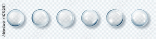 Water drops. 3D glass droplet. White or blue acid skin gel texture. Liquid clear collagen moisture serum. Oil drip. Face care cosmetic. Geometric glossy form. Vector isolated products set