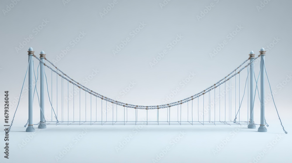 Fototapeta premium Suspension bridge model with delicate ropes and minimalist white backdrop