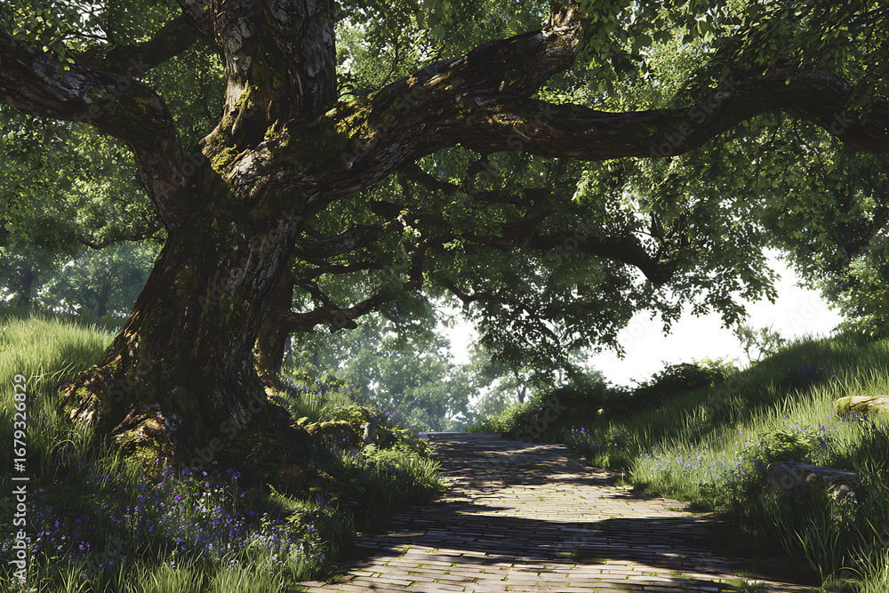 Fototapeta premium Scenic path under a large, ancient oak tree in a lush green meadow.