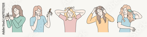 Hair loss. Woman scalp care problems. Fall and damage female skin or girl growth treatment. Health head character drawing. Combing hairstyle. Alopecia disease. Balding people vector set