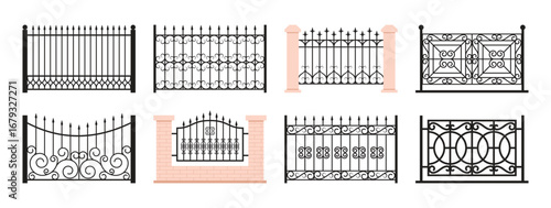 Balcony railing. Fence facade. Terrace metal enclosure. Antique banister decoration or vintage parapet balustrade. Forged fencing isolated section. Vector barrier constructions set