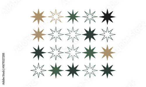 Star Icon Set Minimal Flat Vector Collection of Solid, Outline, and Geometric Star Shapes, easily editable and scalable.