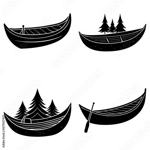 Four black and white illustrations of canoes some with trees and one with an oar in a simple style