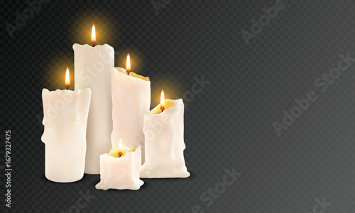 Memorial candle. 3D wax object for fire ceremony. White spa or holiday celebration night. Meditation flame. Paraffin sticks with lit wicks. Vector candlelight on transparent background