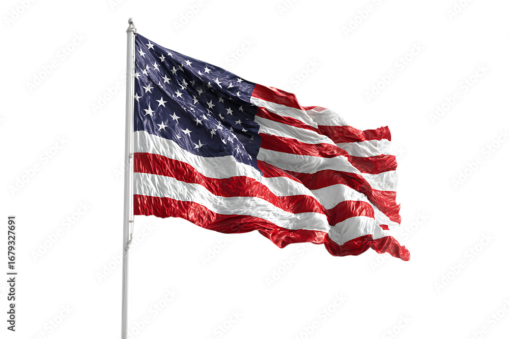 Obraz premium USA flag waving in the wind, isolated on black background.