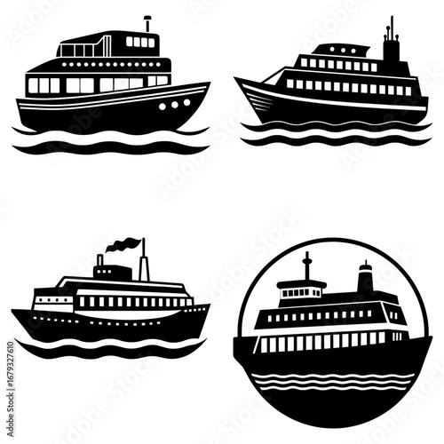 Collection of four black and white ferry boat illustrations on a white background in various orientations