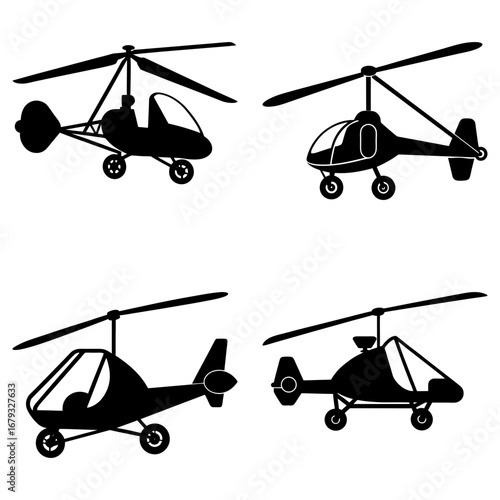 Silhouette illustrations of four different types of gyrocopters in a square arrangement