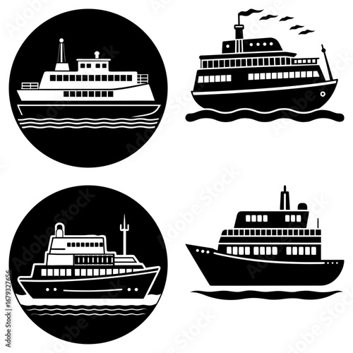 Illustration of four different ships and ferries in black and white on a light background