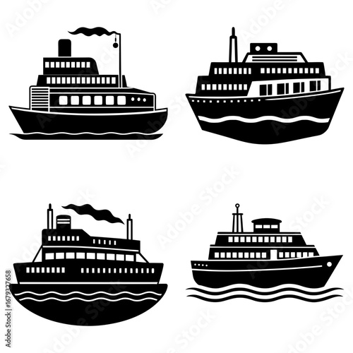 Four different black and white silhouette illustrations of cruise ships and ferries on white background