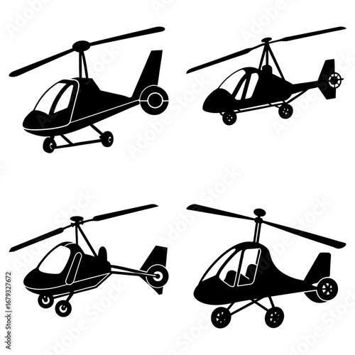 Four black and white helicopter illustrations with different designs and rotor configurations seen