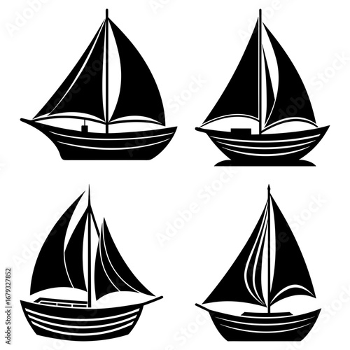 Four monochrome sailboat illustrations with triangular sails and striped hulls isolated on white background