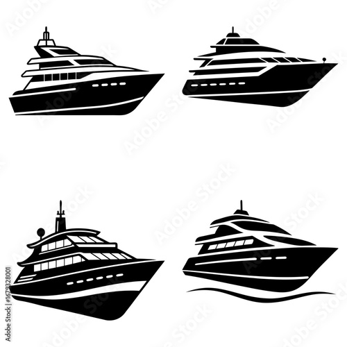 Four distinct yacht silhouettes showcasing different designs and styles in black and white illustration