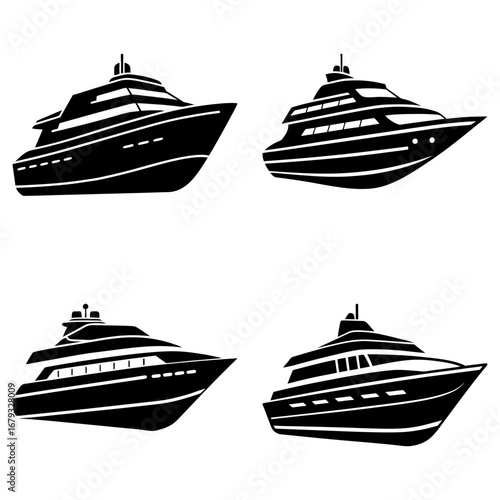 Four black and white silhouette illustrations of luxury yachts on a white background in a square format