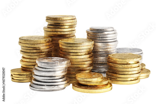 Close up of numerous gold and silver coins stacked high.