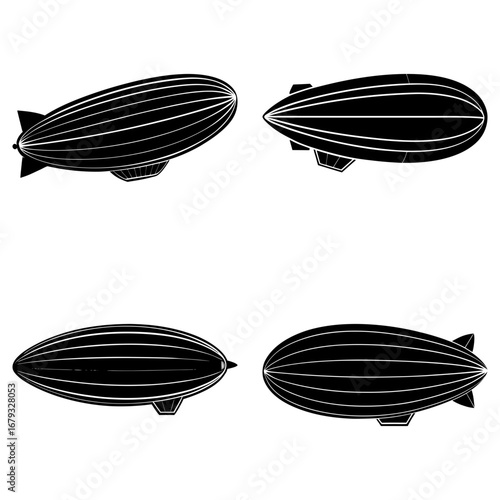 Four black and white vintage zeppelin illustrations in various orientations on a white background