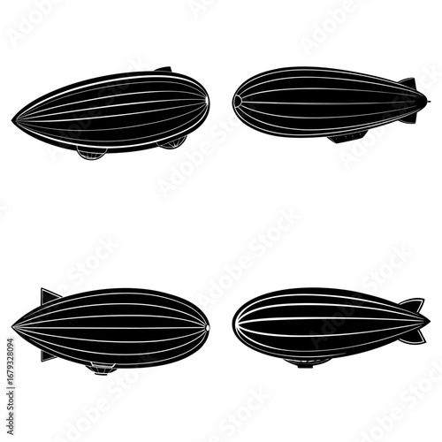 Four black and white illustrations of vintage airships in various orientations on a white background