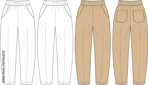 Flat vector illustration of casual jogger pants with elastic waistband, side and back pockets, front and back CAD fashion sketch