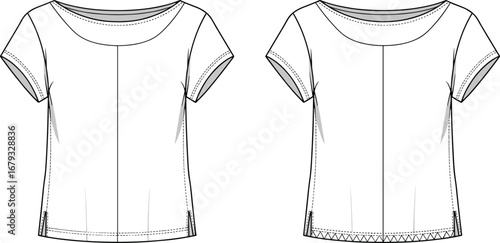 Technical fashion flat sketch, short sleeve t shirt, round neck top, women clothing design, apparel template, sewing pattern vector illustration