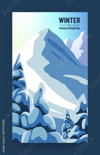 Winter in mountains. Wild nature card. Adventure travel. Ski and snowboard tour. Snowy fir trees. Snow range slope. Cold season range landscape. Wintertime snowdrifts. Vector banner design