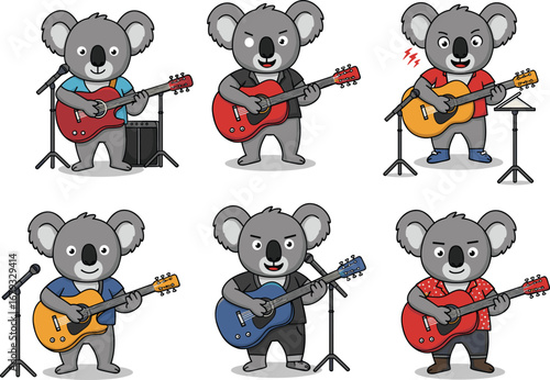 Cartoon koala guitarist vector set, electric guitar, acoustic guitar, microphone, music stand, amplifier, concert scene, cute animal illustration