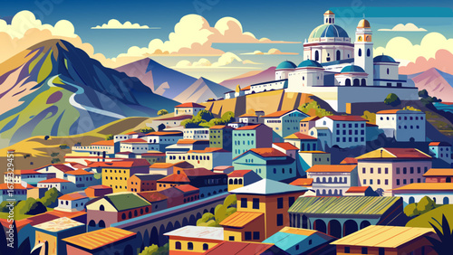 Quito, Ecuador, spills across Andean slopes with whitewashed facades, baroque domes, and cobbled plazas. Soft mountain haze, blue sky, golden trim; semi-realistic flat vector layered depth, refined ed