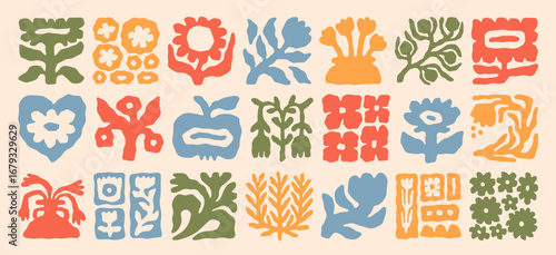 Flower pattern. Abstract nature elements, green art plant leaf or retro tree leaves. Vintage floral background. Retro hippie blossoms decorative botanical elements. Vector flat poster