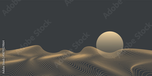 Vector abstract art landscape mountain with birds and sunrise with gold line art texture isolated on dark gray black background. eps10