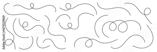 Abstract Curved Dotted Swirl Line. Hand drawn curve dotted line vector set. Long squiggle dashed collection. Dotted Spiral Curve Line. 