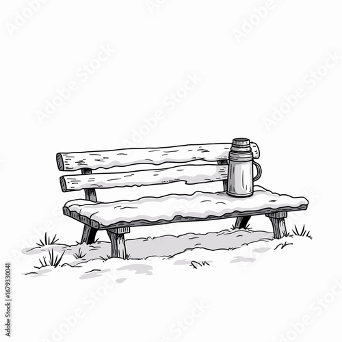 Snow-covered wooden bench with a thermos in winter scene  