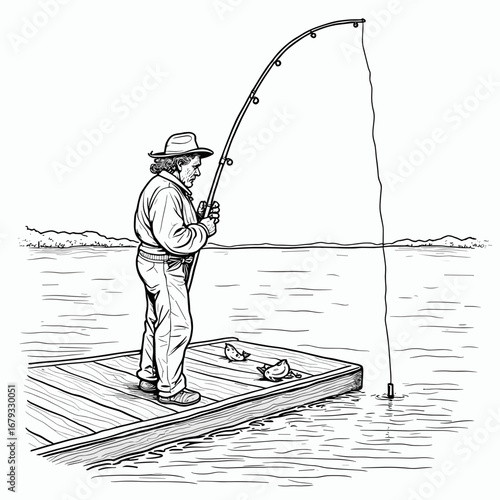 Man fishing from a wooden dock while standing in the water  