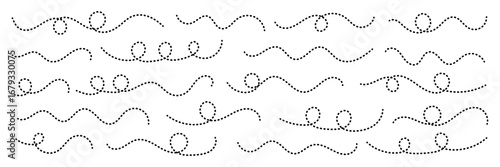 Abstract Curved Dotted Swirl Line. Hand drawn curve dotted line vector set. Long squiggle dashed collection. Dotted Spiral Curve Line. 