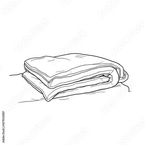 Folded cozy blanket on bed in minimalist line art style  