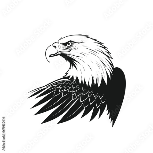 Bald Eagle Silhouette: A striking illustration of a regal bald eagle, captured in a bold silhouette against a stark background, conveying a sense of strength and national pride.