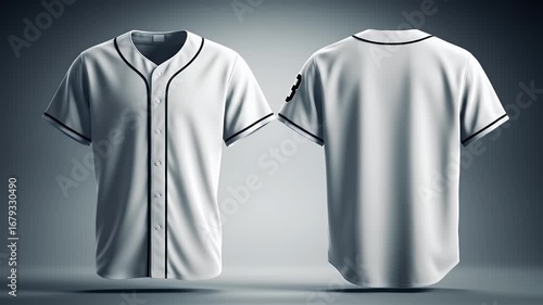 Two White Baseball Jerseys Front And Back Views With Black Trim On Neutral Gray Background For Apparel Mockup
