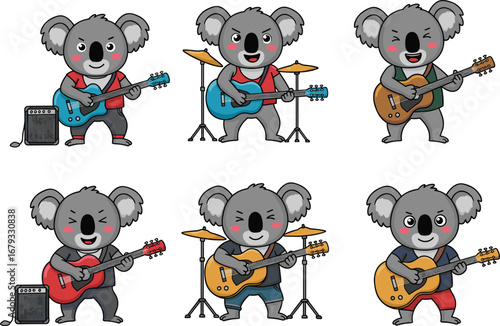 Cartoon koalas playing electric and acoustic guitars, drums, and amplifiers in fun musical performance with clothing and stage setup