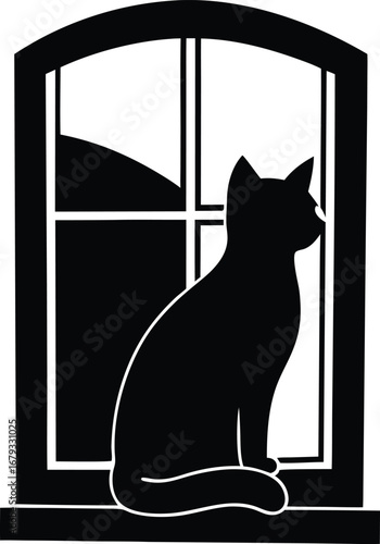 Silhouette of a cat sitting peacefully on a window sill with a white background