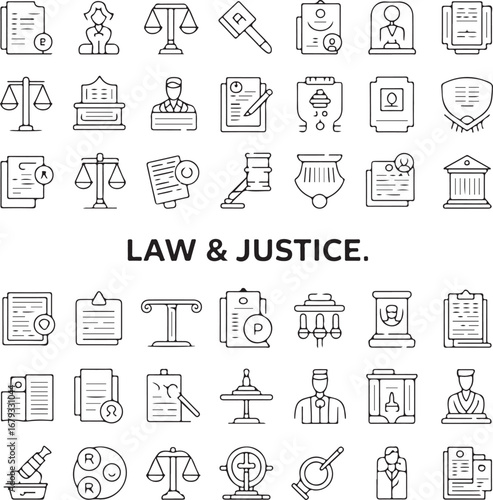 Collection of hand drawn black line art icons related to law and justice legal court vector