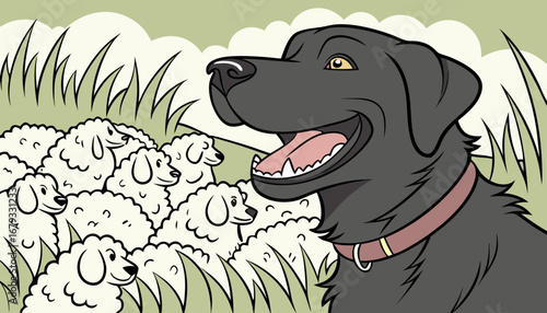 A cheerful black dog smiling with tongue out, surrounded by a dense flock of fluffy white sheep. Close-up, natural lighting, humorous and heartwarming scene, vibrant colors, sharp focus, high-quality 