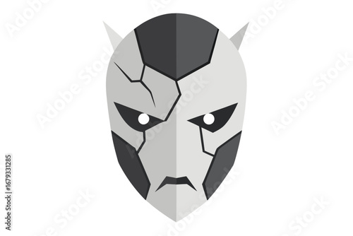 Gray Scale Cracked Mask with Horns on a White Background