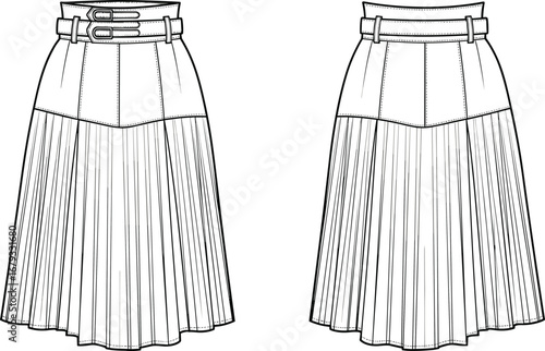 Women pleated skirt fashion flat sketch, high waist skirt design with belt detail, CAD technical vector illustration front and back view