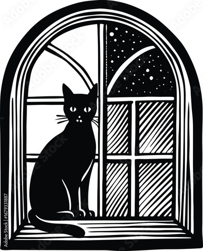 A graceful cat silhouette perched on a window sill against a clean white background
