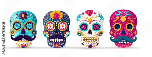 Wallpaper Mural Vector set of Sugar Skulls for mexican Day of the Ded, collection of 4 cut outcolorful human skulls withethnic floral ornament forDia de los Muertos carniva, cartoon smiling masks wih mustache. Torontodigital.ca