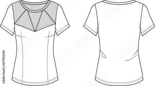 Women short sleeve t-shirt with geometric panel design, casual fashion top, CAD drawing flat vector illustration, technical clothing sketch