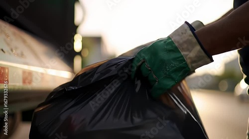 Close Up of Waste Collector Carrying Black Trash Bag With Green Gloves by Truck in Sunlight