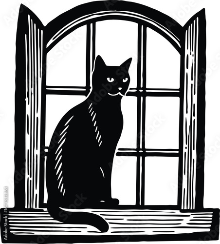 Elegant silhouette of a domestic cat resting on a windowsill against a clean white background