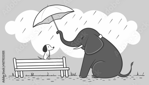 A large elephant and a small dog sitting side by side on a wooden bench in the rain. The elephant is holding a white umbrella over the dog. The background is cloudy and moody, with falling rain and a 