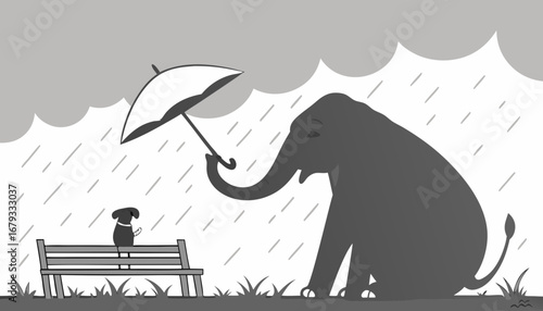 A large elephant and a small dog sitting side by side on a wooden bench in the rain. The elephant is holding a white umbrella over the dog. The background is cloudy and moody, with falling rain and a 