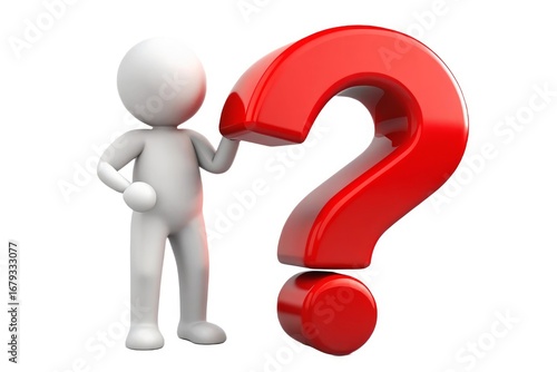 Confused 3d man pondering a giant red question mark