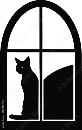 Elegant silhouette of a cat perched on a window sill against a clean white background