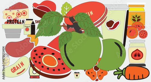 "Stylized food illustrations in minimalist outline format, showcasing diverse ingredients from fruits to proteins